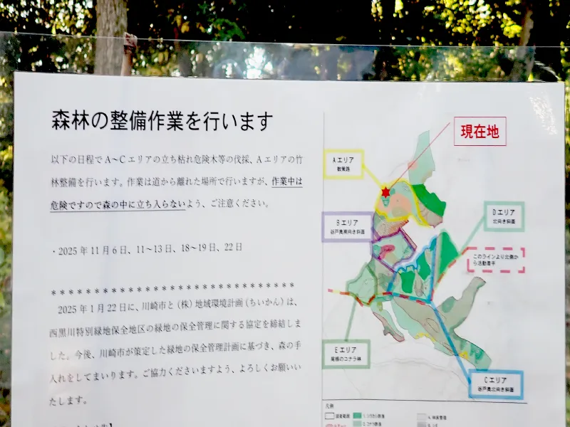 森林整備計画の看板を掲げています