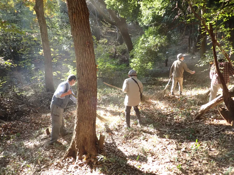伐採したササや木の枝を、できたてのほうきでエコスタックの方へ寄せていきます